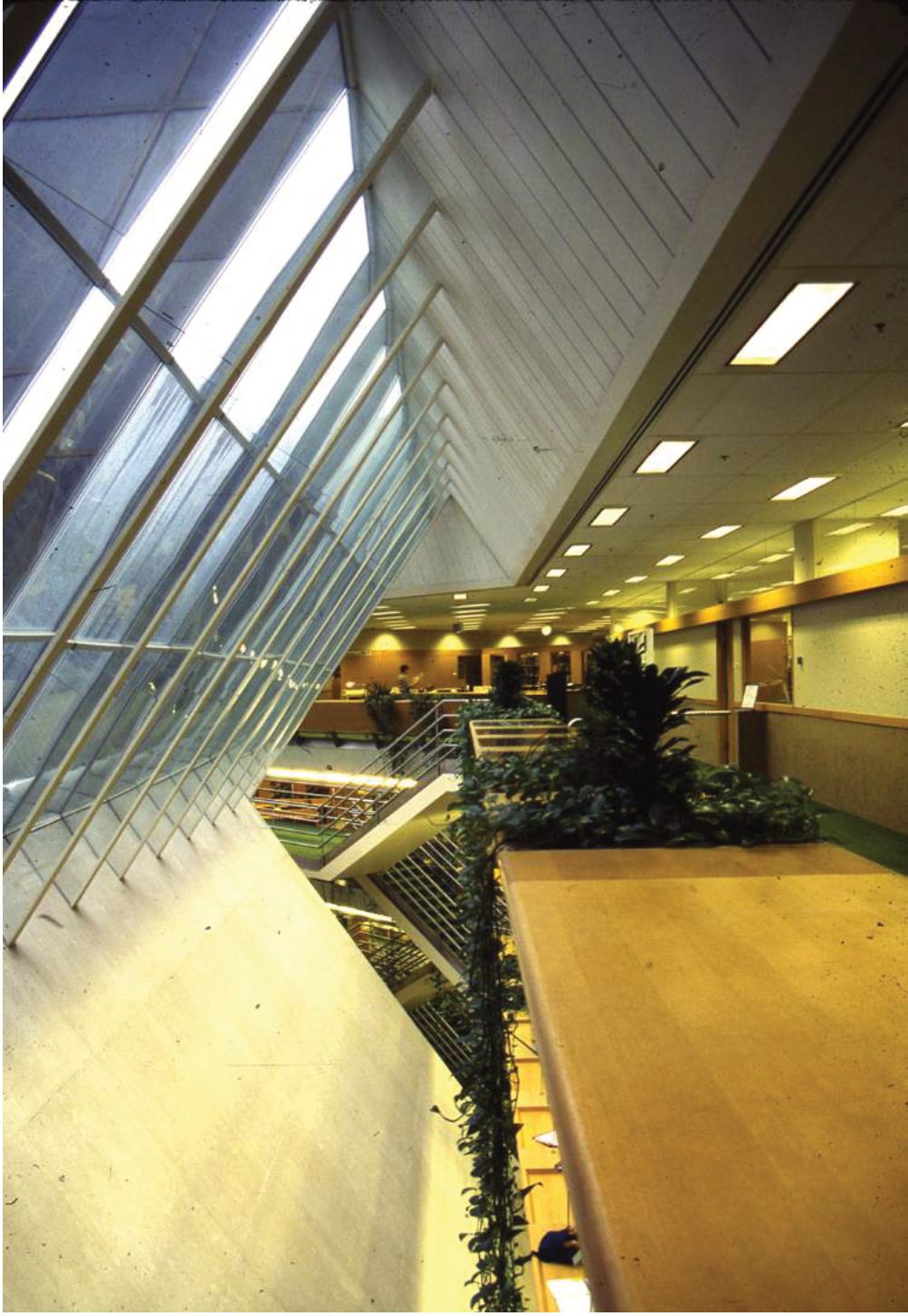The Sub-1 west corridor in 1984, looking east toward the circulation desk