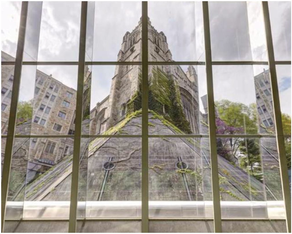 Looking up from inside the Underground Law Library at the Gothic Legal Research building through angled glass