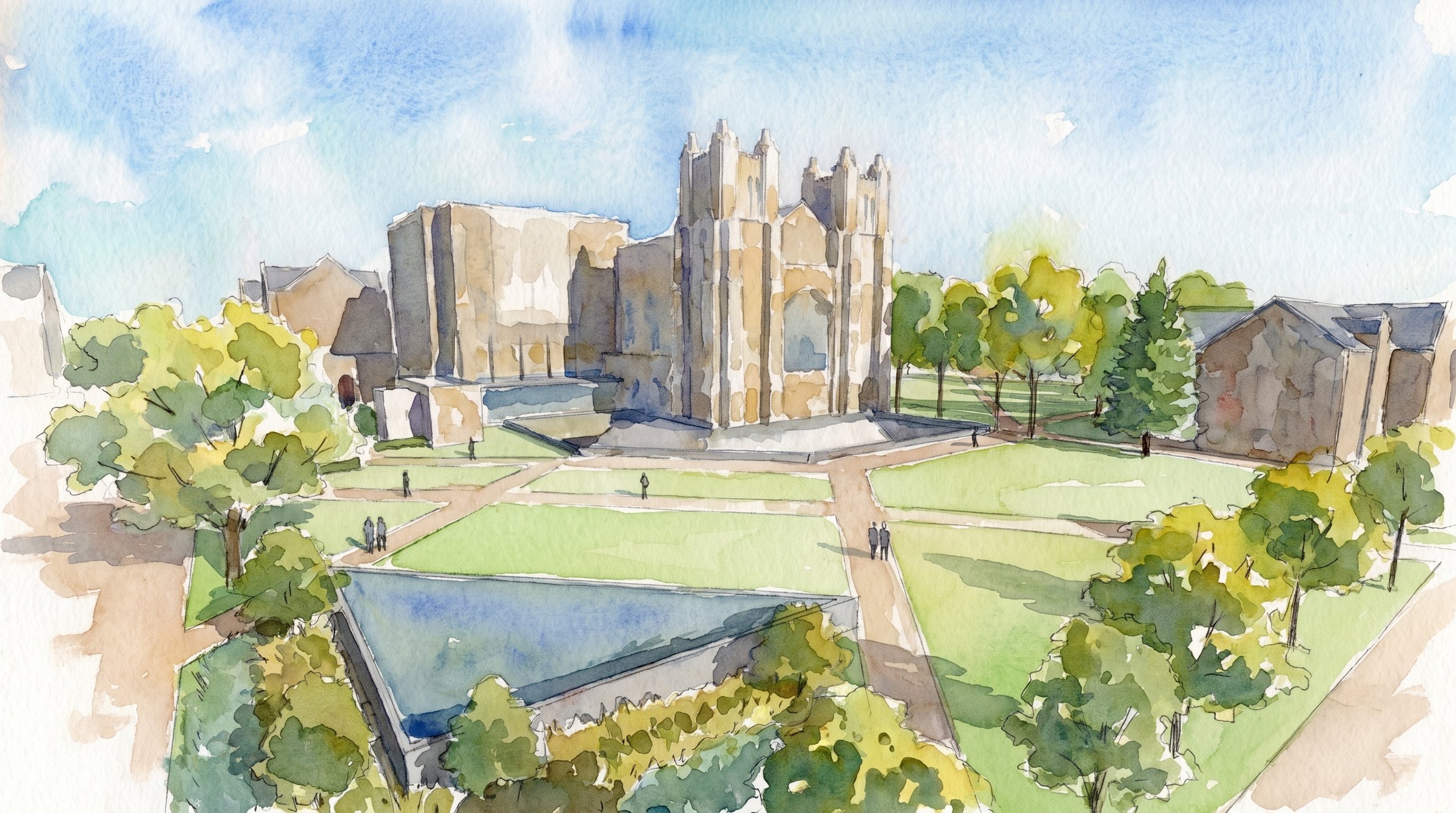Watercolour bird's eye rendering of the proposed new entrance