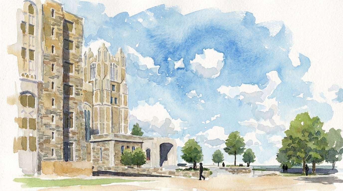 Watercolour rendering of the proposed entrance seen from Monroe Street looking northeast