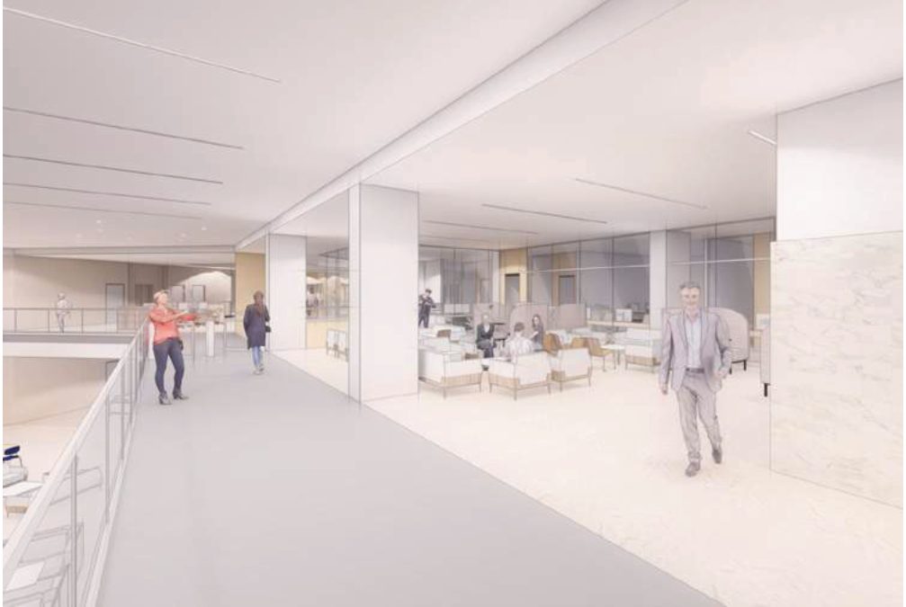 Rendering of the proposed Sub-1 west corridor with open student seating and glass-fronted librarian offices